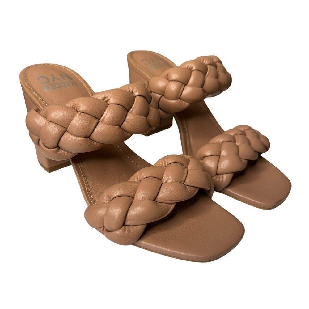 Madden NYC Camel Braided Cushion High Heel Sandals Size 7 Square Toe 3 3/4 Inch